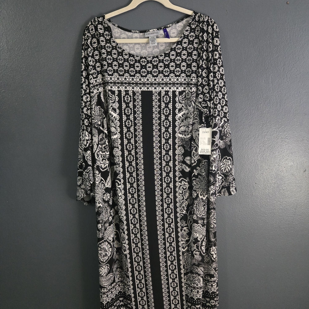 Catherines Black and White Floral 3/4 Sleeve Midi Shift Dress XXLP